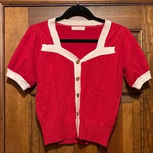 Red and White Button-Up Cardigan